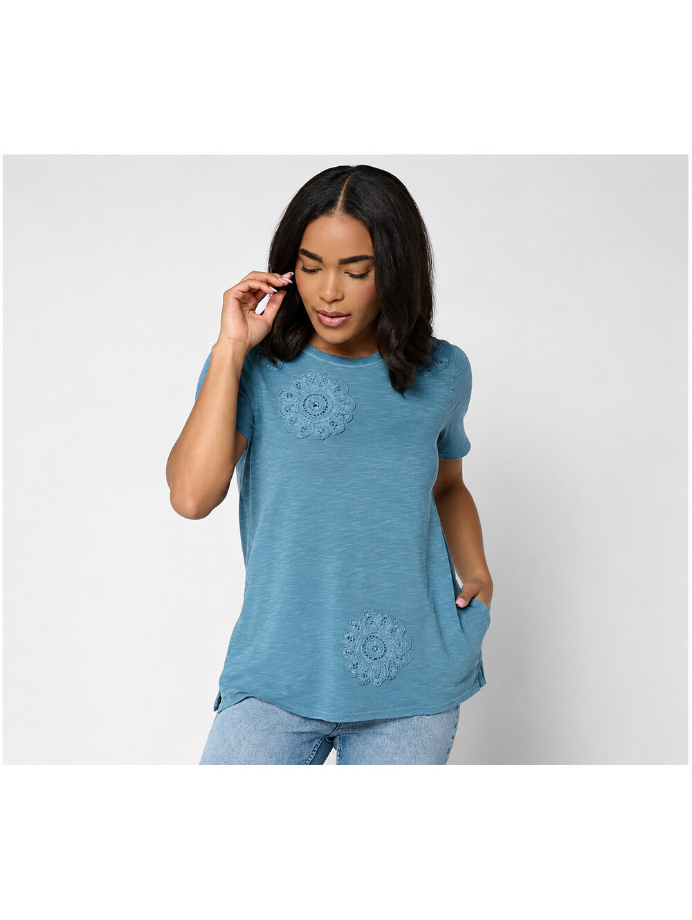 LOGO Lavish by Lori Goldstein Knit Top with Soutache Detail Regean Blue, Large